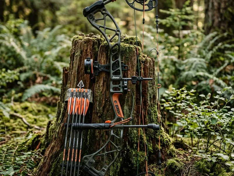 Compound bow and arrows resting on a mossy stump in a Pacific Northwest forest
