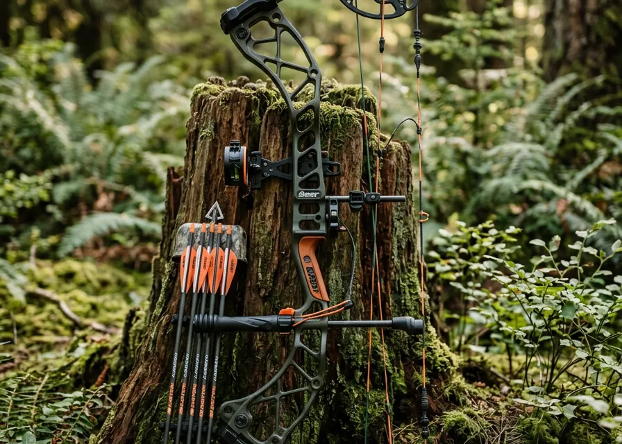 Compound bow resting on a mossy stump in the Pacific Northwest forest